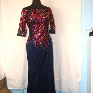 Navy Off-Shoulder Gown w Burgundy Sequins